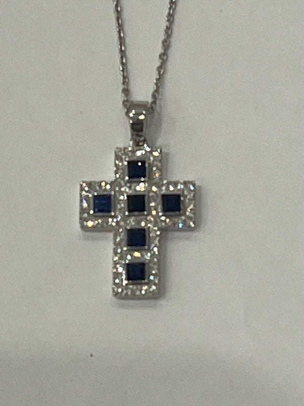 BLAZE cut Sapphire + Diamond Cross Pendant