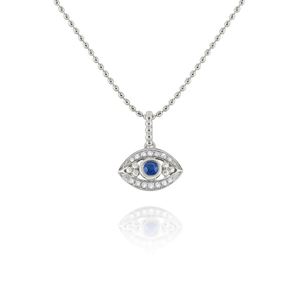 14KT White Gold Diamond & Blue Sapphire Evil Eye Necklace